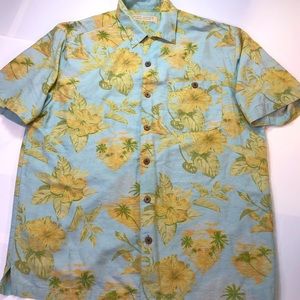Men Silk Hawaiian Floral Shirt Island Republic Medium Size Vacation Wear
